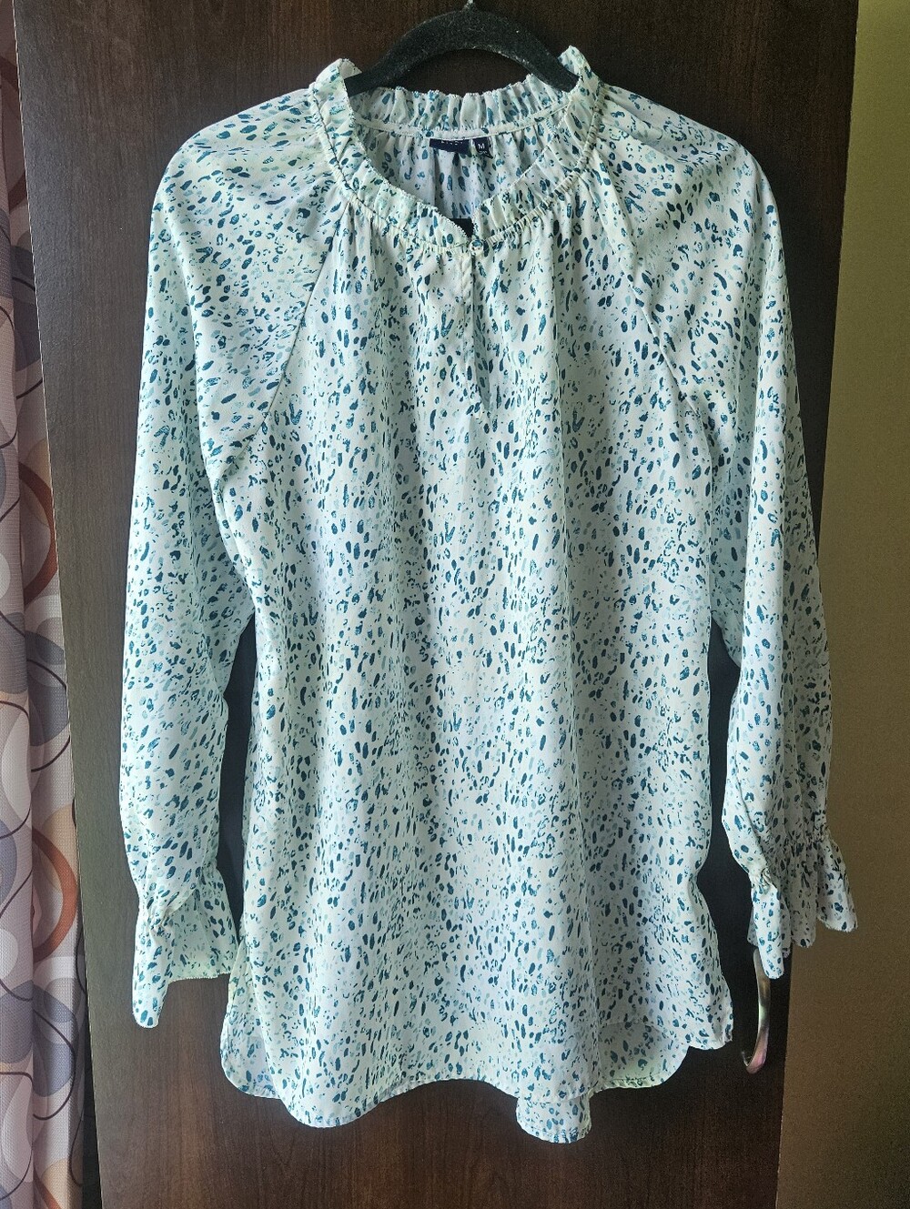 Kaari Blue Light Blue & Teal Printed Ruffle-Neck Long Blouse Size Medium